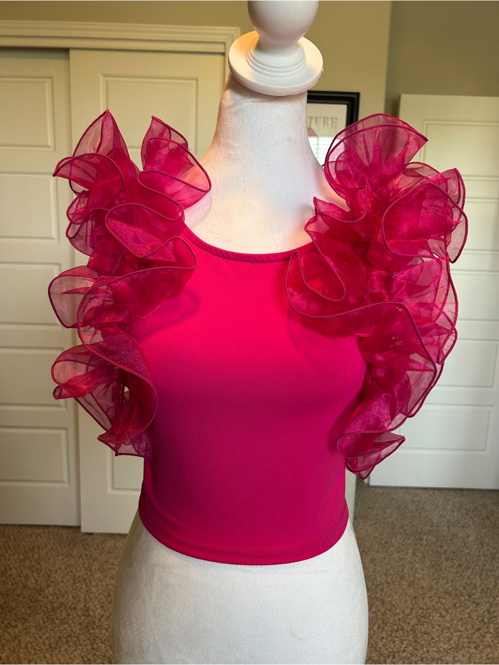 FREE PEOPLE INTIMATELY House Party Crop Top Tulle Ruffle Sleeve Hot Pink | S - Picture 2 of 9